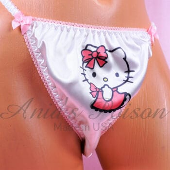 Ania's Sissy white Satin Little Kitty Pink Dress string Bikini DUCHESS CUT shiny wetlook MEN'S panties sz 7/L - Image 2