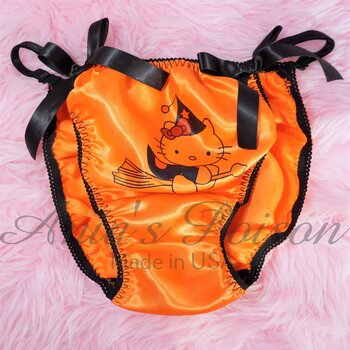 Ania's Sissy Satin Halloween string Bikini adjustable sides Little Witch Kitty shiny wetlook men's panties Adjustable