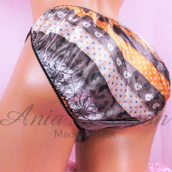 Ania's Sissy SATIN Halloween string Bikini Orange Gray Spiders Skulls striped men's panties sz M - Image 3