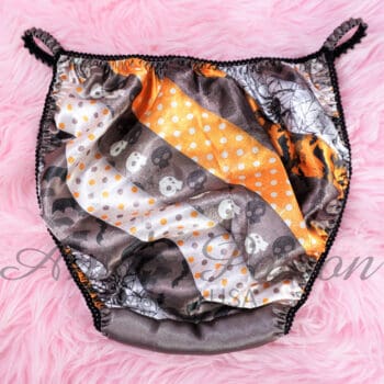 Ania's Sissy SATIN Halloween string Bikini Orange Gray Spiders Skulls striped men's panties sz M - Image 4