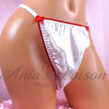 Ania's Sissy SATIN string Bikini Apple Pony Girl print White shiny men's panties sz L - Image 4