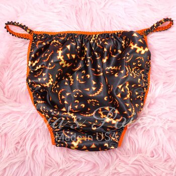 Ania's Sissy SATIN Halloween string Bikini Jack-o-lantern Smiles shiny men's panties sz M - Image 4