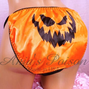 Ania's 80s style Orange wetlook shiny jack-o-lantern Duchess cut SATIN string bikini Women's cut panties sz 8