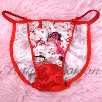 Ania's 80s style DUCHESS cut SATIN Red Boop cartoon pinup string bikini Women's cut panties sz 7 - Image 5