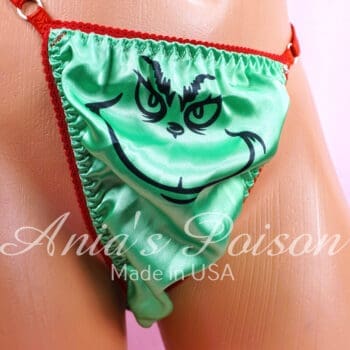 Ania's Sissy Soft Satin Thong Green Grouchy Face adjustable sides shiny men's panties One Size - Image 2