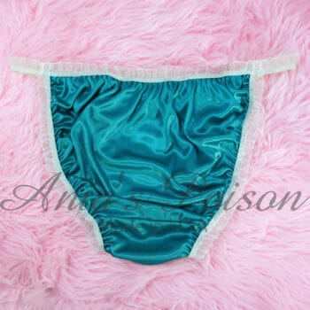 Ania's Sissy Teal Green BUTTER SOFT Satin string bikini ruffled trim shiny wetlook men's panties sz XL - Image 4