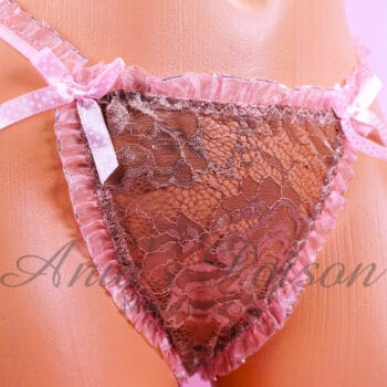 Ania's Lacy Sissy Pink and Brown string bikini Metallic ruffled trim Women's cut panties sz S - Image 4