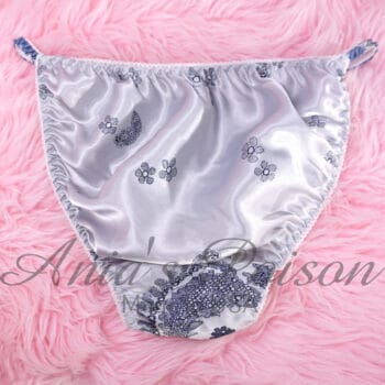 Ania's Sissy Satin string bikini Silver floral lace print shiny wetlook men's panties sz L - Image 2
