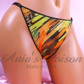 Ania's sissy Ladies metallic foil Brazilian cut Adjustable sides cheeky scrunch butt Orange and Green women's panties M/L - Image 2