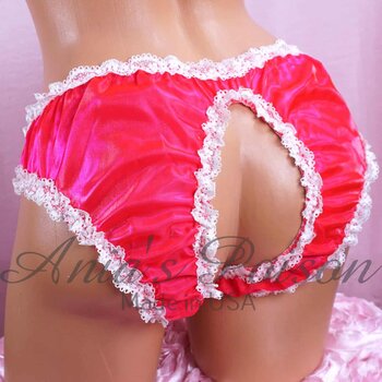 Ania's Sissy Crystal satin Fully Open frilly Lacy Neon Hot Pink shiny crotchless unisex humiliation panties One Size only