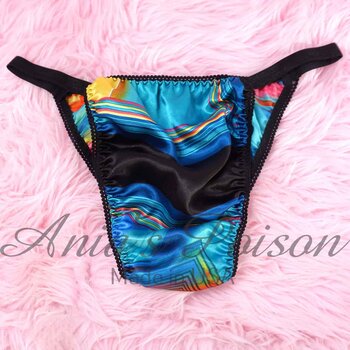 Ania's Sissy Brazilian Cut Panties Blue Satin front lined soft sides Cheeky Scarf Print Men's panties sz L/XL - Image 4