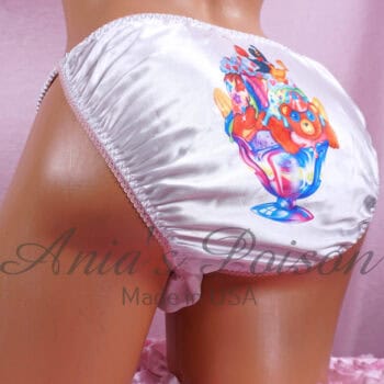 Ania's Sissy white Satin string Bikini Rainbow Teddy Ice Cream print shiny wetlook men's panties sz L - Image 3