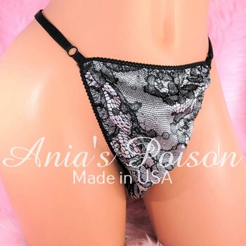 Ania's Sissy Soft Satin Thong Black White Lace Print adjustable sides shiny men's panties One Size