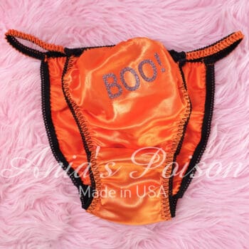 Ania's Sissy Satin string Bikini Orange "BOO!" sparkle text shiny wetlook men's panties sz L - Image 2