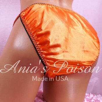 Ania's Sissy Satin string Bikini Orange "BOO!" sparkle text shiny wetlook men's panties sz L - Image 3