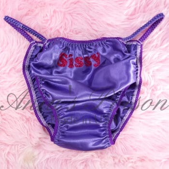 Ania's Sissy Satin string bikini Purple with SISSY sparkle text shiny wetlook men's panties sz XXL