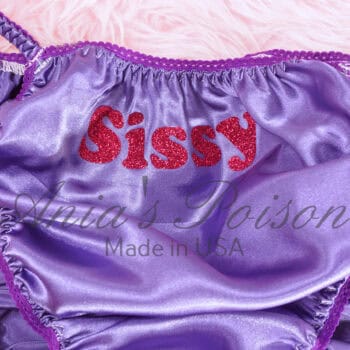 Ania's Sissy Satin string bikini Purple with SISSY sparkle text shiny wetlook men's panties sz XXL - Image 2