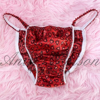 Ania's Sissy Valentine's string Bikini Satin Red Hearts shiny wetlook men's panties sz M - Image 3