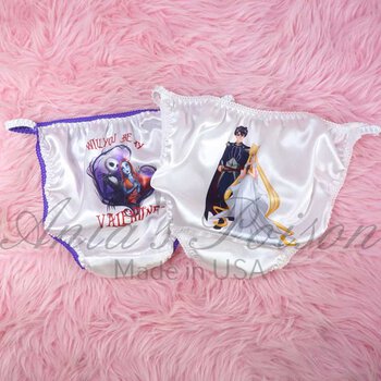 Ania's Sissy white Satin string Bikini 2 Piece Duchess Cut shiny wetlook men's character print panties sz 5/S