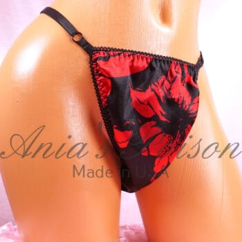 Ania's Sissy Brazilian Cut Panties Red Black Floral Satin Adjustable sides Cheeky Men's front lined panties - Image 3
