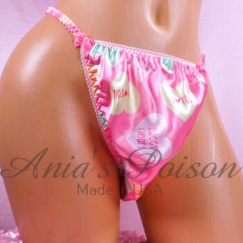 Ania's Sissy Valentine's string Bikini Satin Conversation Hearts shiny wetlook men's panties sz M