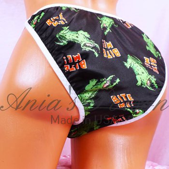 Ania's Sissy Brazilian Cut Satin Panties Black Cheeky Men's Bite Me alligator print panties sz XL