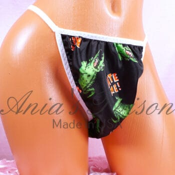 Ania's Sissy Brazilian Cut Satin Panties Black Cheeky Men's Bite Me alligator print panties sz XL - Image 2