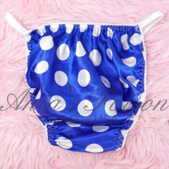 Ania's Sissy Satin string Bikini Blue and White Polka Dot shiny wetlook men's panties sz S - Image 5