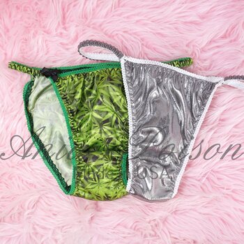 Ania's Sissy women's panties 2 Piece Lot sz S/5 - Green Weed Print String Bikini, silver foil triangle thong