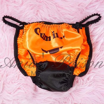 Ania's Sissy Satin Orange string Bikini Naughty Jack-o-lantern shiny wetlook men's panties sz M - Image 2