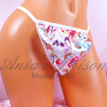 Ania's Sissy Satin G-string Little Rainbow Ponies print white lined Men's Pouch Thong sz Reg