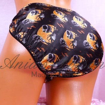 Ania's 80s style Satin Halloween Jack Classy cut Orange Black shiny string bikini Women's cut panties sz XL
