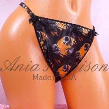 Ania's 80s style Satin Halloween Jack Classy cut Orange Black shiny string bikini Women's cut panties sz XL - Image 4