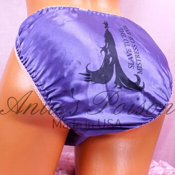 Ania's Sissy Satin Purple string Bikini Maleficent Mistress print shiny wetlook men's Poison Cut panties sz L - Image 3
