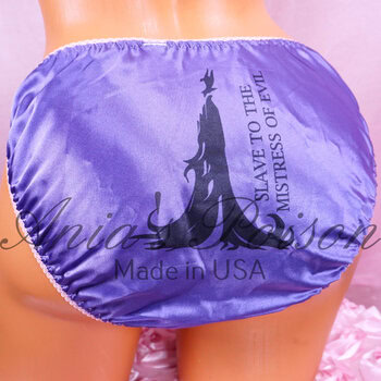 Ania's Sissy Satin Purple string Bikini Maleficent Mistress print shiny wetlook men's Poison Cut panties sz L