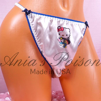 Ania's Sissy Satin White string Bikini Zodiac Aquarius Kitty shiny wetlook men's Duchess Cut panties sz 6/M