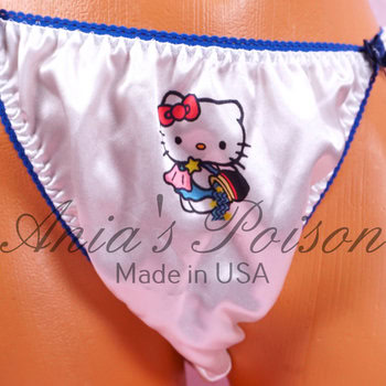 Ania's Sissy Satin White string Bikini Zodiac Aquarius Kitty shiny wetlook men's Duchess Cut panties sz 6/M - Image 2