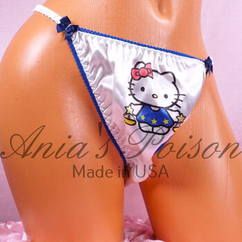 Ania's Sissy Satin White string Bikini Zodiac Libra Kitty shiny wetlook men's Duchess Cut panties sz 7/L