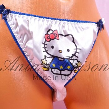 Ania's Sissy Satin White string Bikini Zodiac Libra Kitty shiny wetlook men's Duchess Cut panties sz 7/L - Image 2