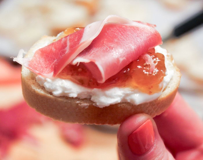 The Perfect Appetizer: Crostini Two Ways - Goat Cheese, Fig & Prosciutto and Brie, Honey & Peach