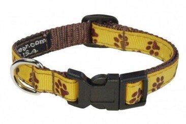 Yellow collar with paw print design and plastic buckle on white bg