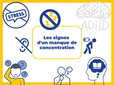 Illustration représentant les signes d’un problème de concentration chez les adolescents : stress, fatigue, distractions, troubles de l’attention (ADHD), difficultés d’écoute et perte de mémoire. Cette image vise à identifier les problèmes de concentration en contexte scolaire ou à la maison, en mettant en avant les principaux symptômes liés aux problèmes de concentration.
