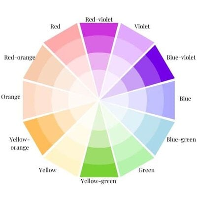 Color Wheel with red-violet, yellow, blue-violet, and yellow-green Highlighted