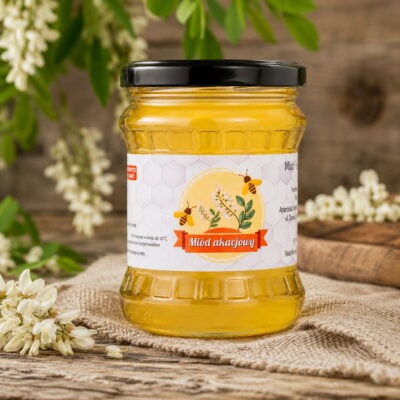 Miód akacjowy 600g – jasny, płynny miód z pasieki wędrownej Miody z Wąchocka