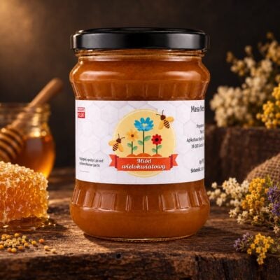 Miód wielokwiatowy o gorzkim posmaku 600 g na drewnianym stole z plastrem miodu i pyłkiem pszczelim