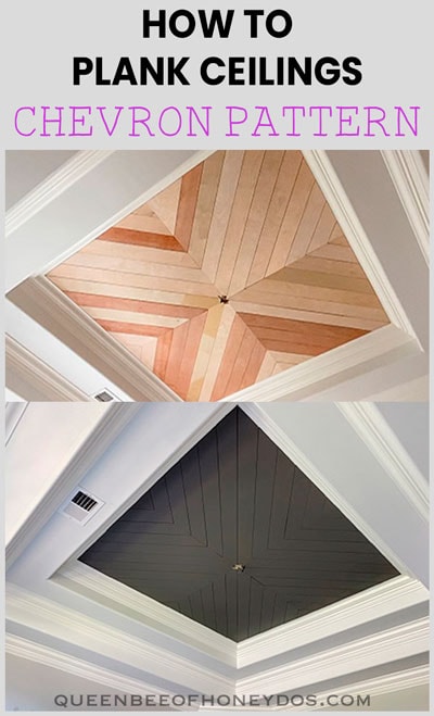 Before and after paint on chevron plank ceiling