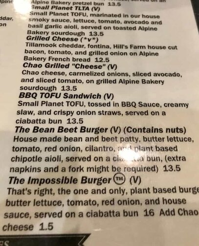 Cascadia Public House vegetarian menu