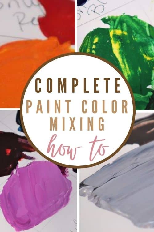 Complete paint color mixing how to with four paint splotches of orange, green, purple, and gray