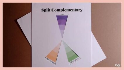 split complementary color scheme on color wheel:  violet, yellow-green, yellow-orange