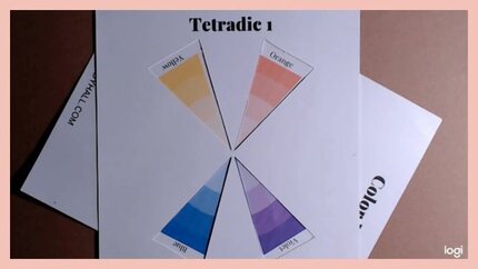 tetrad color scheme of yellow, violet, blue, orange on color wheel